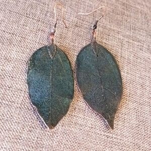 Dark Green Leaf Earrings - Pre-loved (3.5") Boho Chic Hippie Whimsical